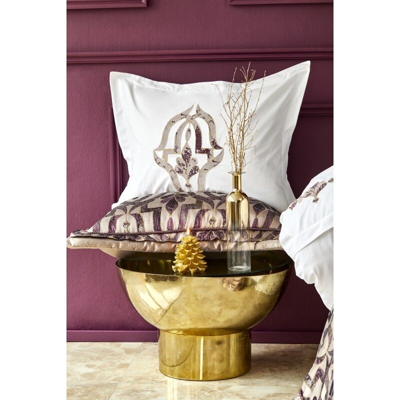 Набір постільної білизни з покривалом + плед Karaca Home - Morocco purple-gold 2019-2 золотий, Євро, 240х260 см., 200х220 см., 1, 50х70 см., наволочки 4 шт + 2 шт наволочки в тон для покривала, 6, плед 200х240 см -100% поліестер, покривало 270x260 см - 100% поліестер, декоративна подушка 35 * 55 см