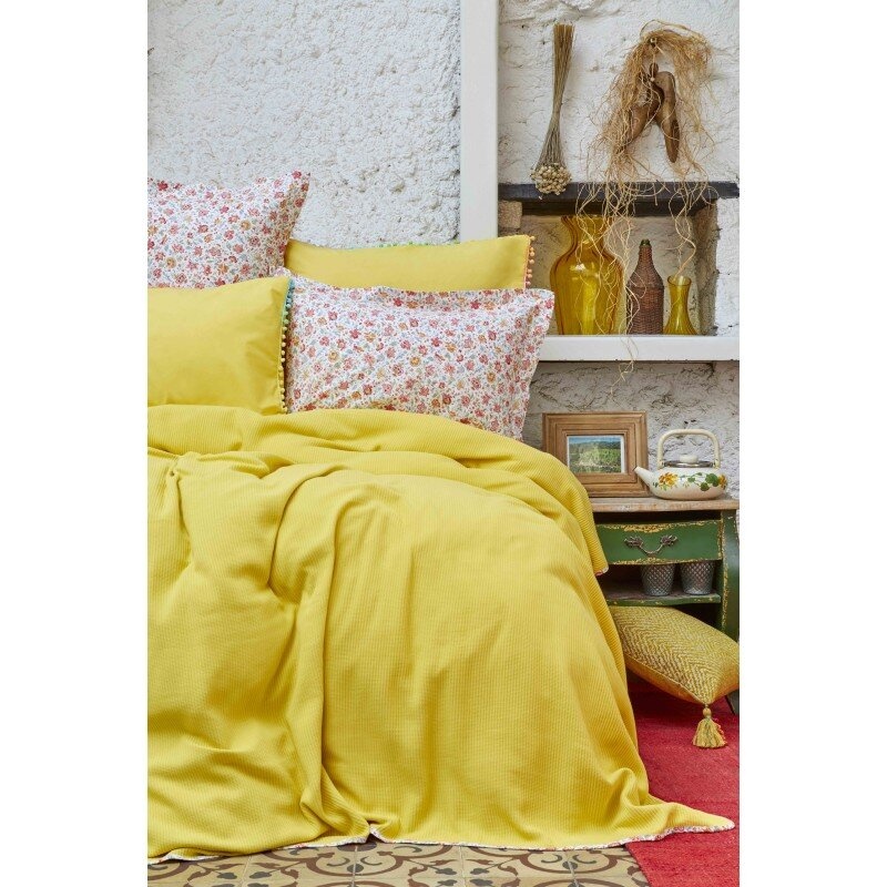 Постільна білизна Karaca Home - Picata sari 2018-2 жовтий pike jacquard, Євро, 160х200 см., 200х230 см., 1, 50х70 см., 4