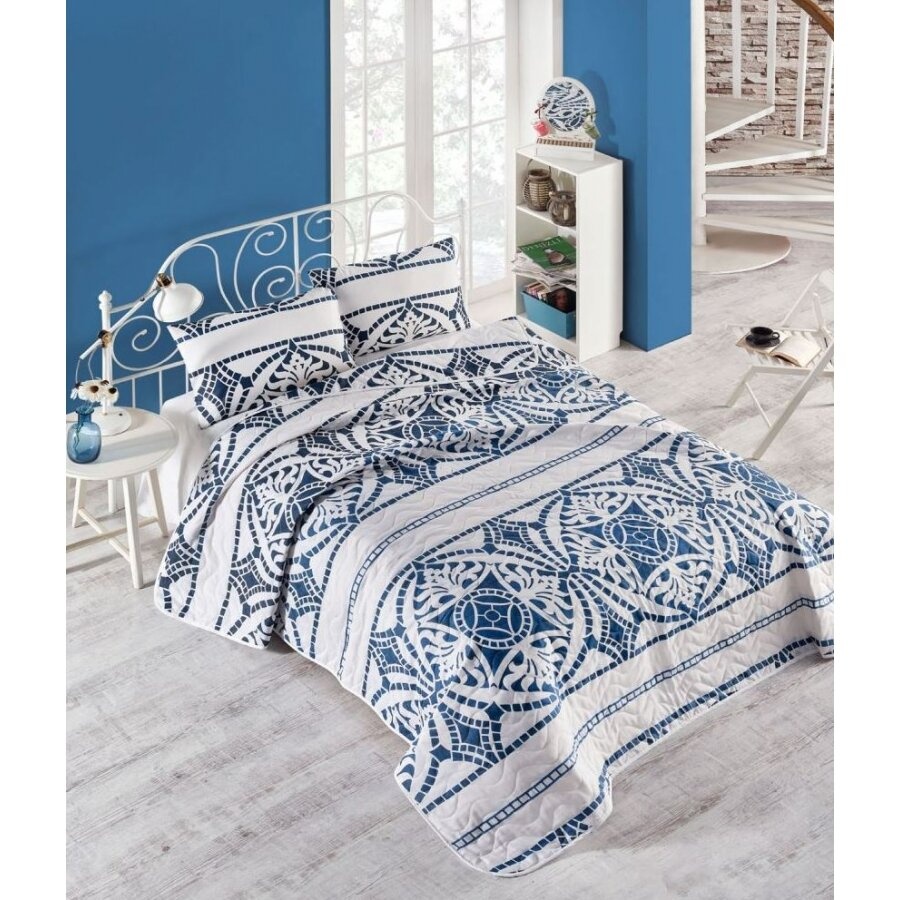Покривало стьобане Eponj Home - Marble lacivert синій, 200х220 см., Двоспальний, Двоспальний євро, 50х70 см., 2